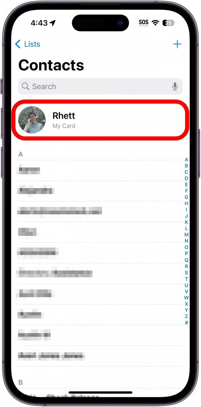 iphone contacts app with contact card circled in red