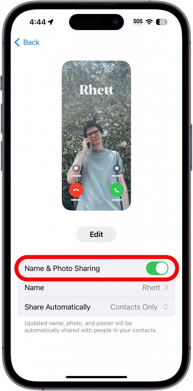 iphone contact photo & poster settings with name & photo sharing toggle circled in red