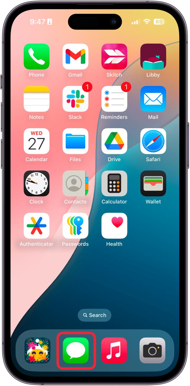 iphone home screen with a red box around messages app