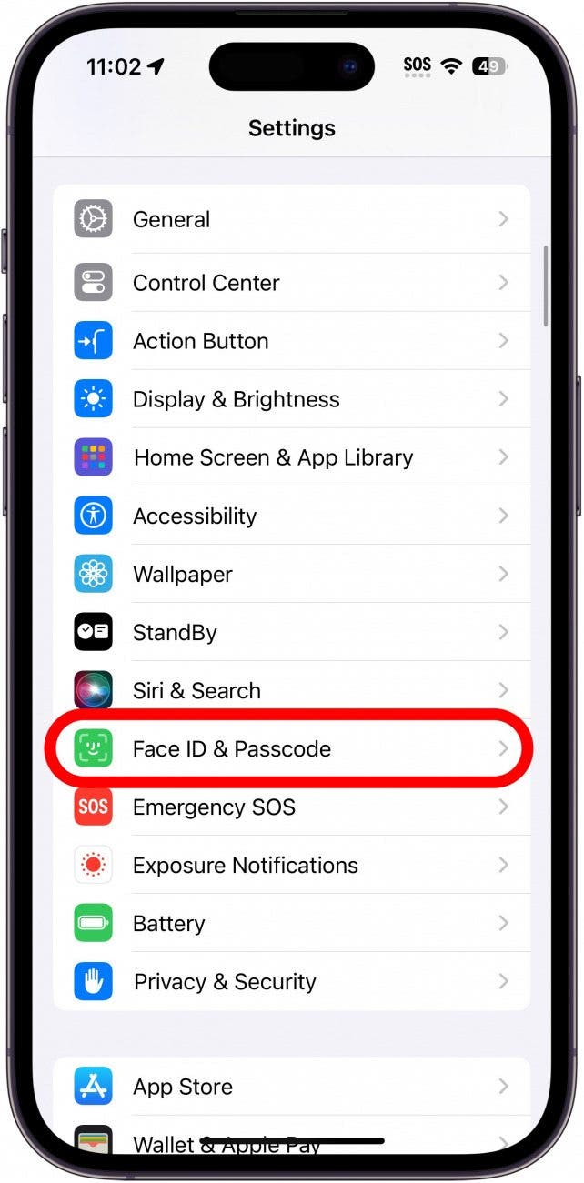 iphone settings wit face id & passcode circled in red