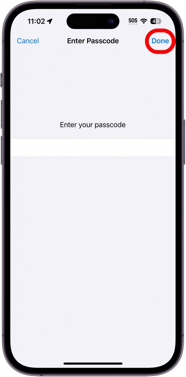 iphone passcode entry screen with done button circled in red