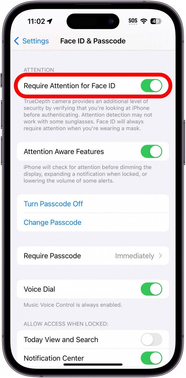 iphone face id settings with require attention for face id toggle circled in red