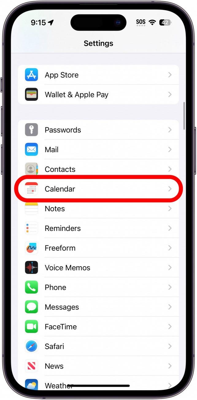 iphone settings with calendar circled in red