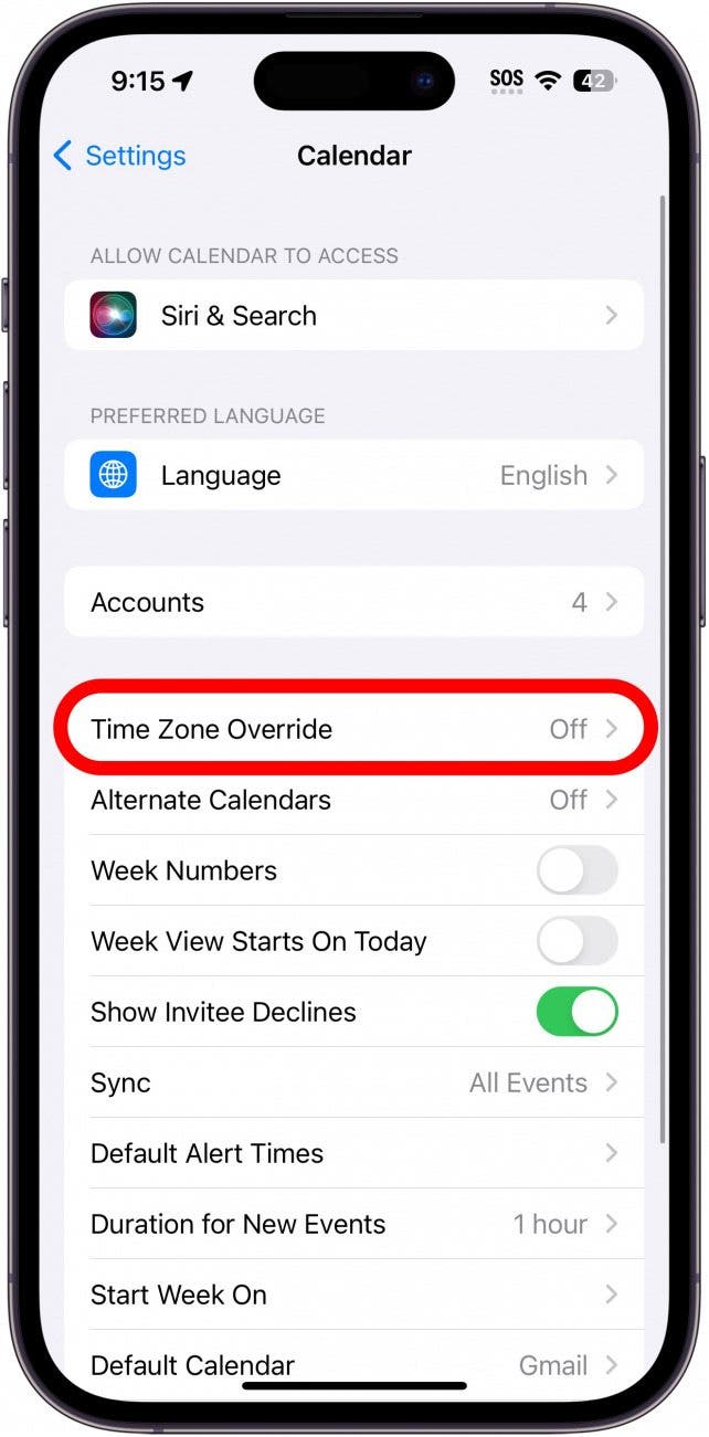 iphone calendar settings with time zone override circled in red