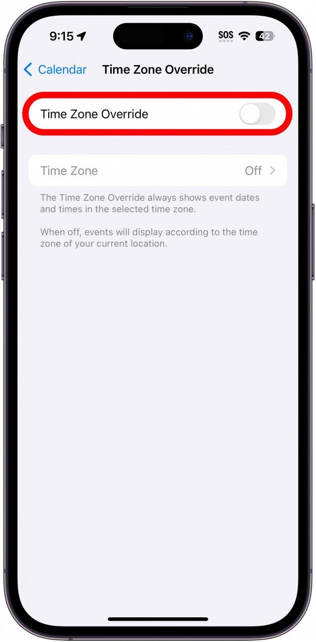 iphone time zone override settings with corresponding toggle circled in red