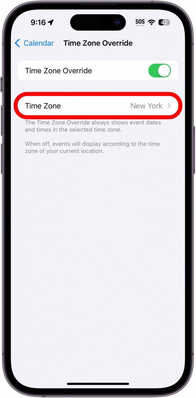 iphone time zone override settings with time zone circled in red