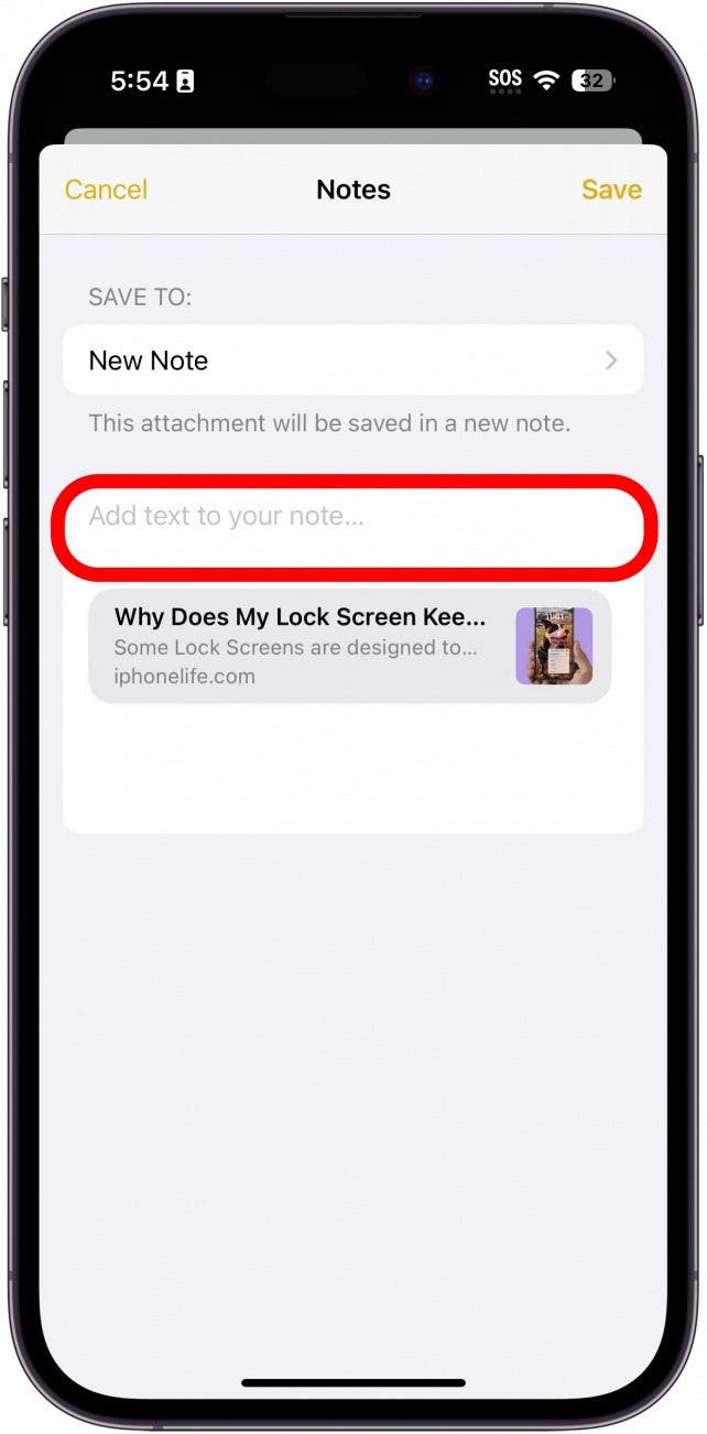 iphone share website to notes screen with add text button circled in red