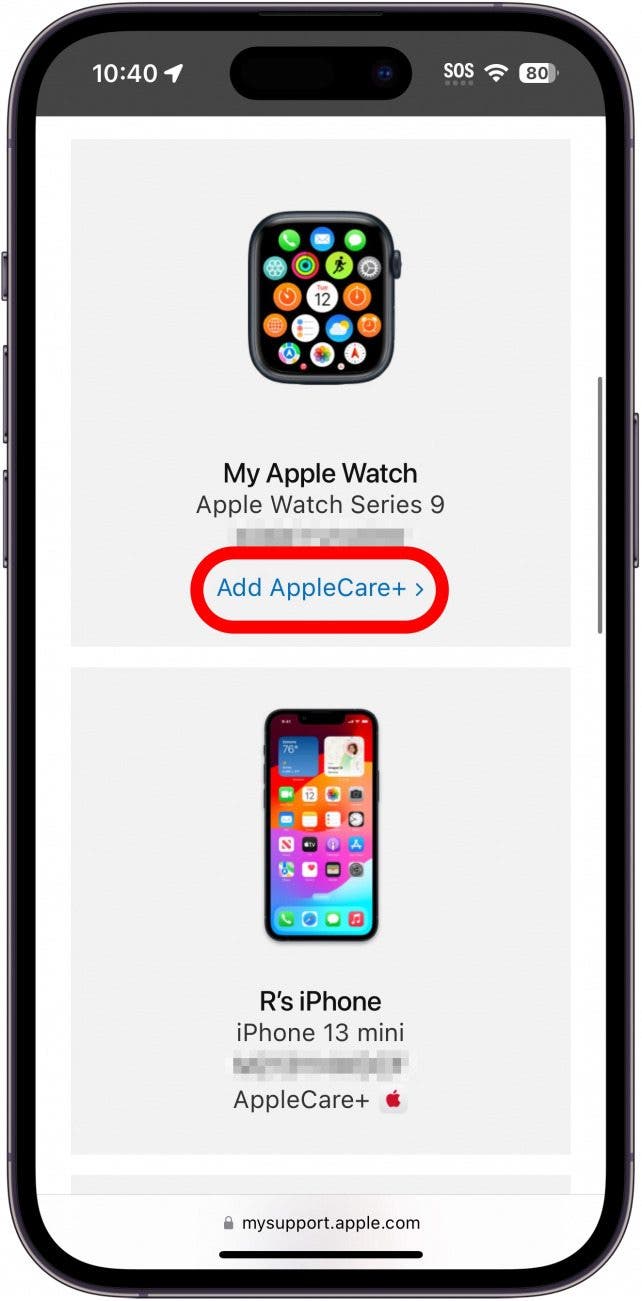 iphone safari webpage mysupport.apple.com displaying a list of devices with add applecare plus icon circled in red