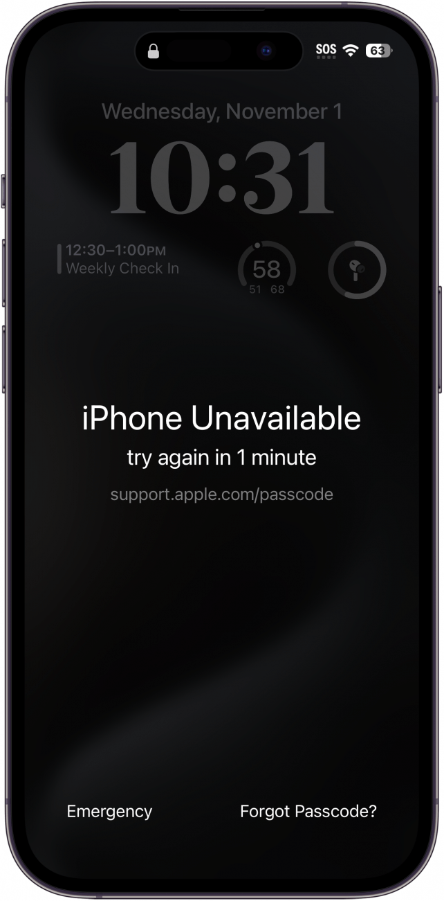 iphone lock screen displaying an iphone is disabled connect to itunes error message