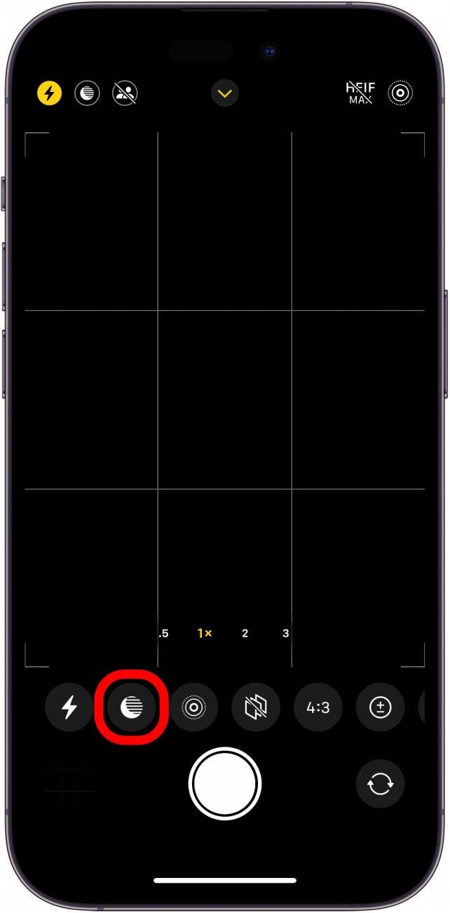 iphone camera app with night mode icon circled in red