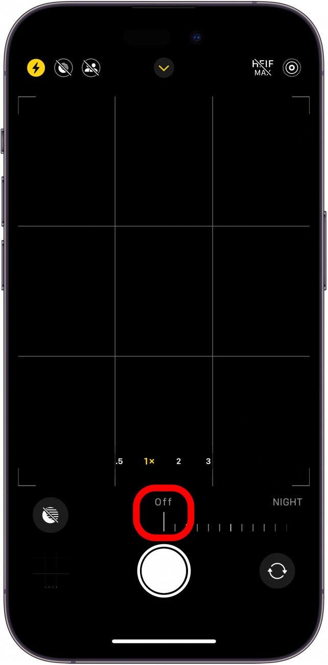 iphone camera app with night mode slider reading Off