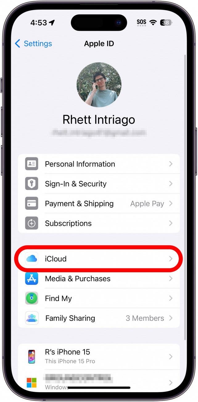 iphone icloud profile settings with icloud circled in red