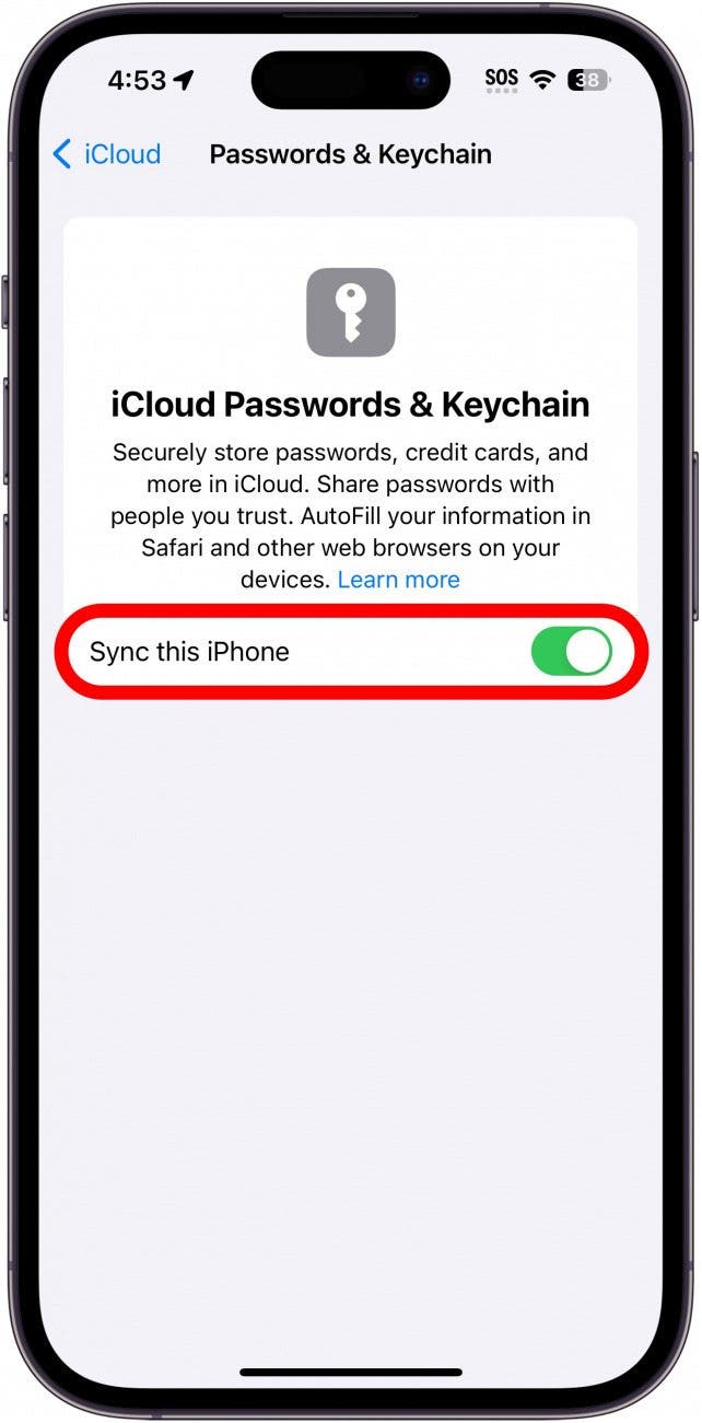 icloud passwords and keychain settings with toggle circled in red