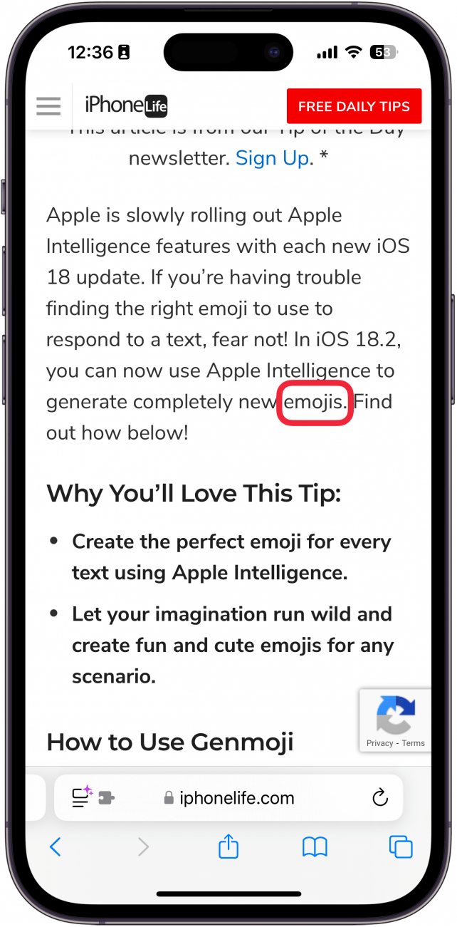 iphone safari displaying a webpage with a red box around the word emoji