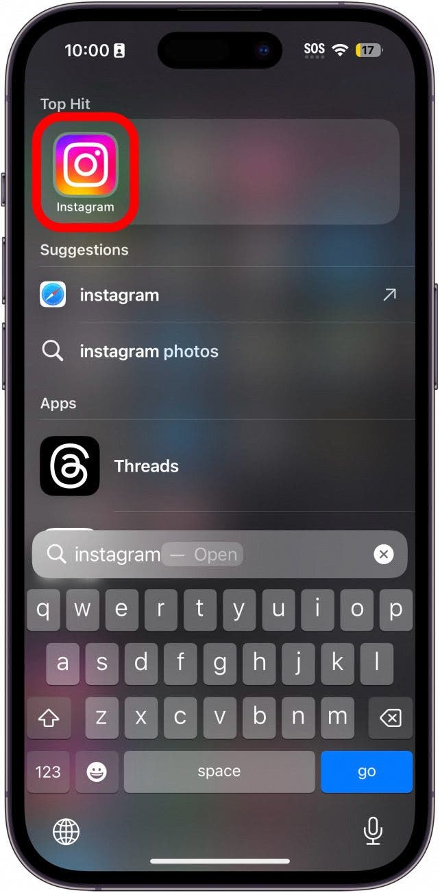 iphone spotlight search with Instagram app circled in red