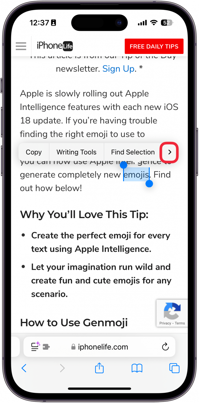 iphone safari displaying a webpage and the word emojis highlighted in blue displaying a context menu and a red box around the right arrow