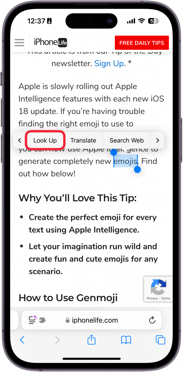 iphone safari displaying a webpage and the word emojis highlighted in blue displaying a context menu and a red box around look up