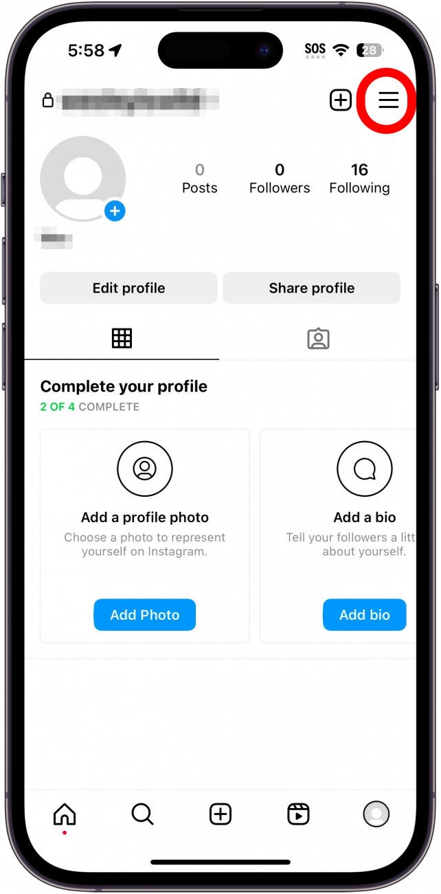 instagram profile paeg with hamburger menu icon circled in red