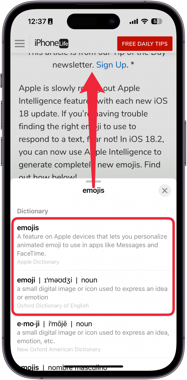 iphone safari displaying a webpage and the look up menu with a red box around the dictionary definition of emoji and a red arrow pointing upward, indicating that the user can scroll up