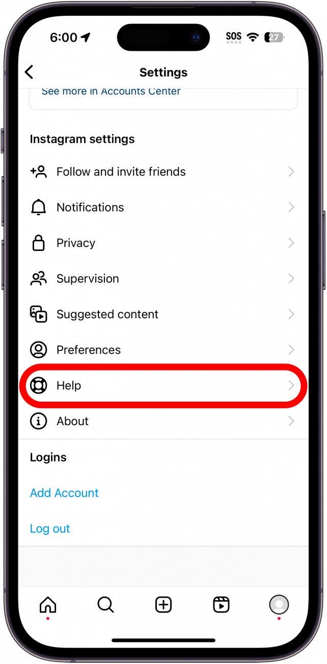 instagram settings menu with help button circled in red