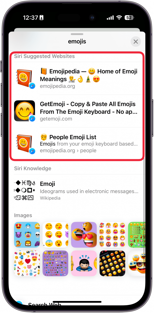 iphone safari dispaying the look up menu with various web and app results for the word emoji