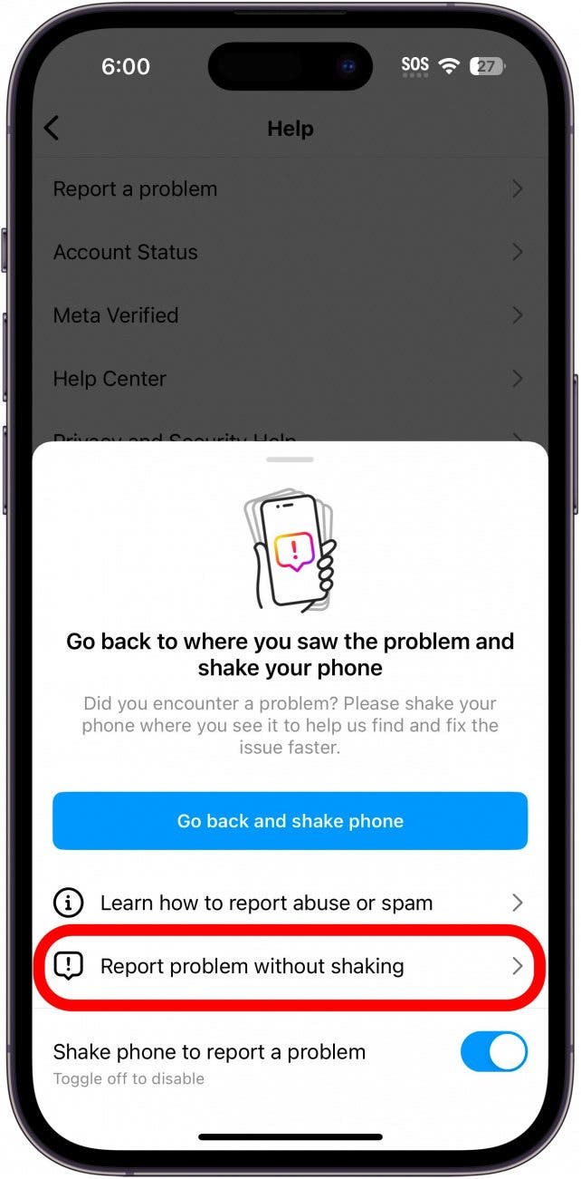 instagram report a problem menu with report problem without shaking option circled in red