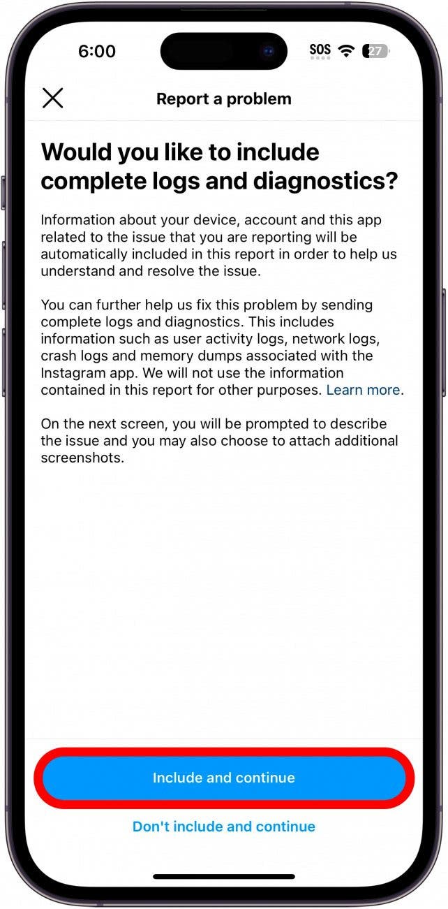 instagram include diagnostics screen with include and continue button circled i nred