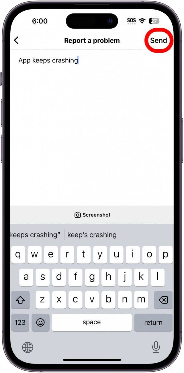 instagram report a problem screen with send button circled in red