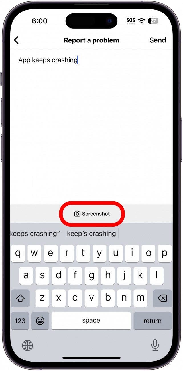 instagram report a problem screen with screenshot button circled in red