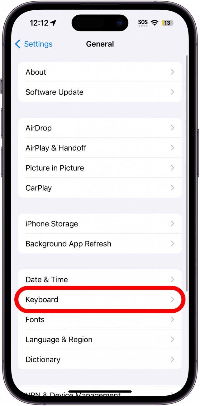 iphone general settings with keyboard circled in red