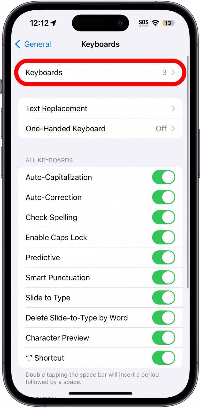 iphone keyboard settings with keyboards button circled in red