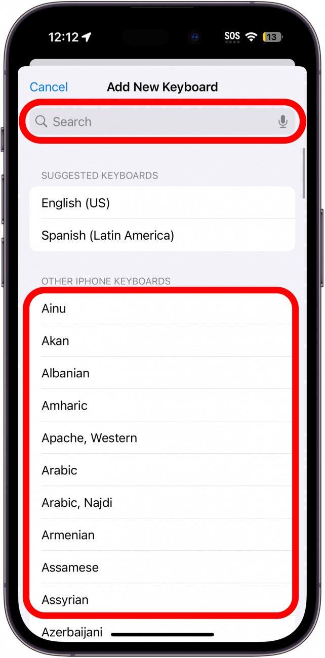 iphone keyboards menu with search bar and language list circled in red