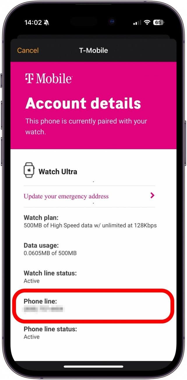 iphone watch app displaying browser window with t-Mobile account information, and a red box around the apple watch phone number
