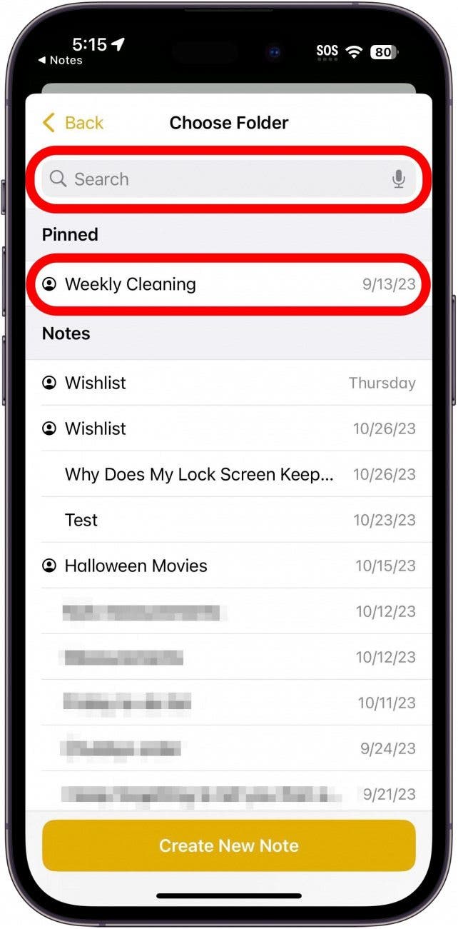 iphone notes with search bar and a note titled Weekly Cleaning circled in red