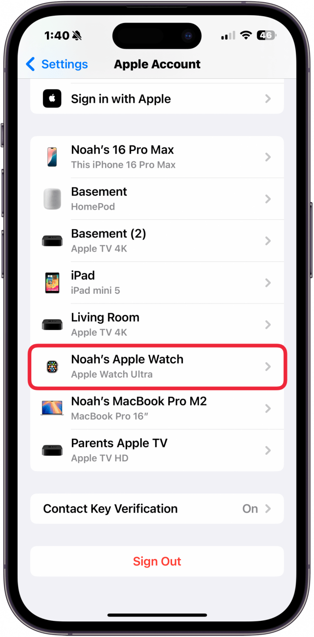 iphone settings app, displaying a list of the user's devices and a red box around the apple watch