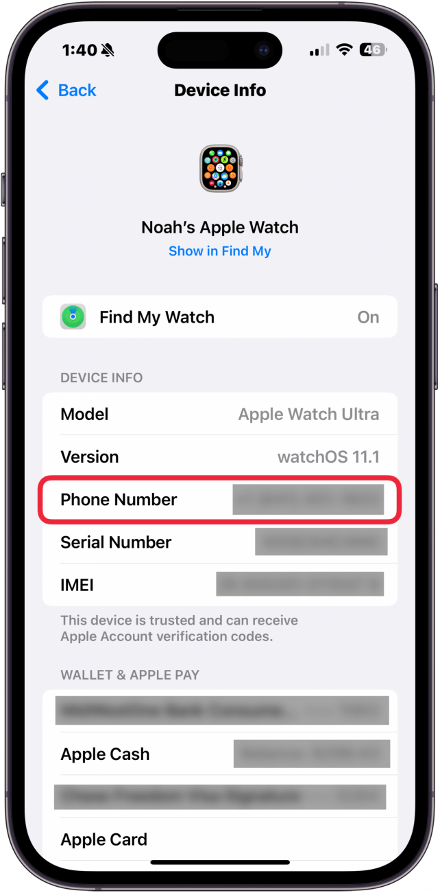 iphone settings app displaying apple watch details with a red box around phone number