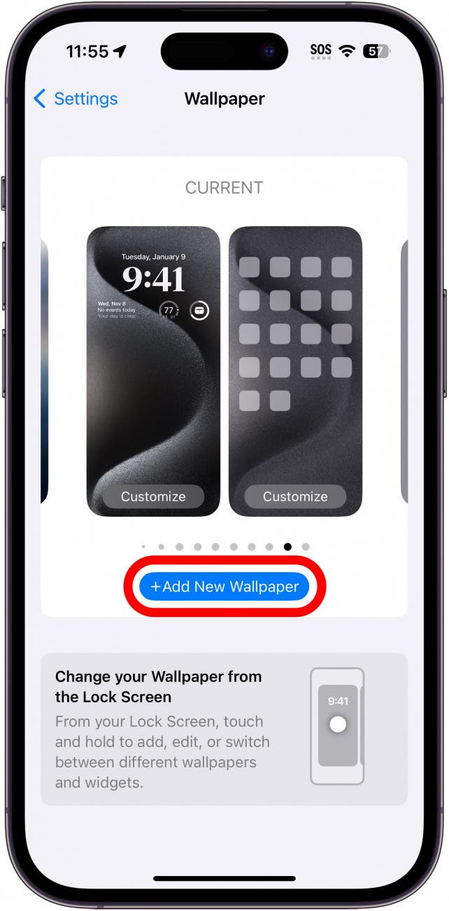 iphone wallpaper settings with add new wallpaper button circled in red