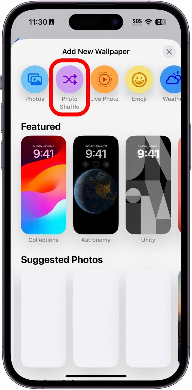 iphone wallpaper settings with photo shuffle circled in red