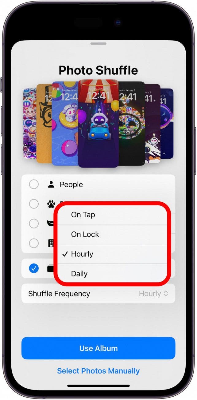 iphone photo shuffle frequency settings with on tap, on lock, hourly, and daily options menu circled in red