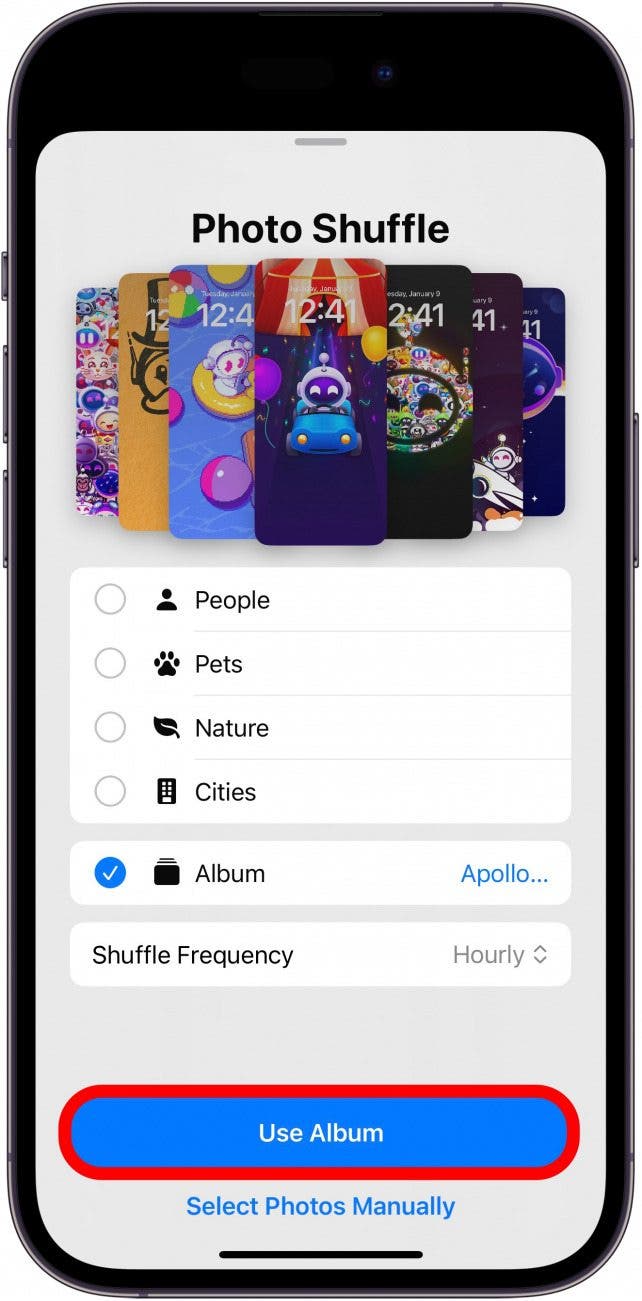 iphone photo shuffle settings with use album button circled in red