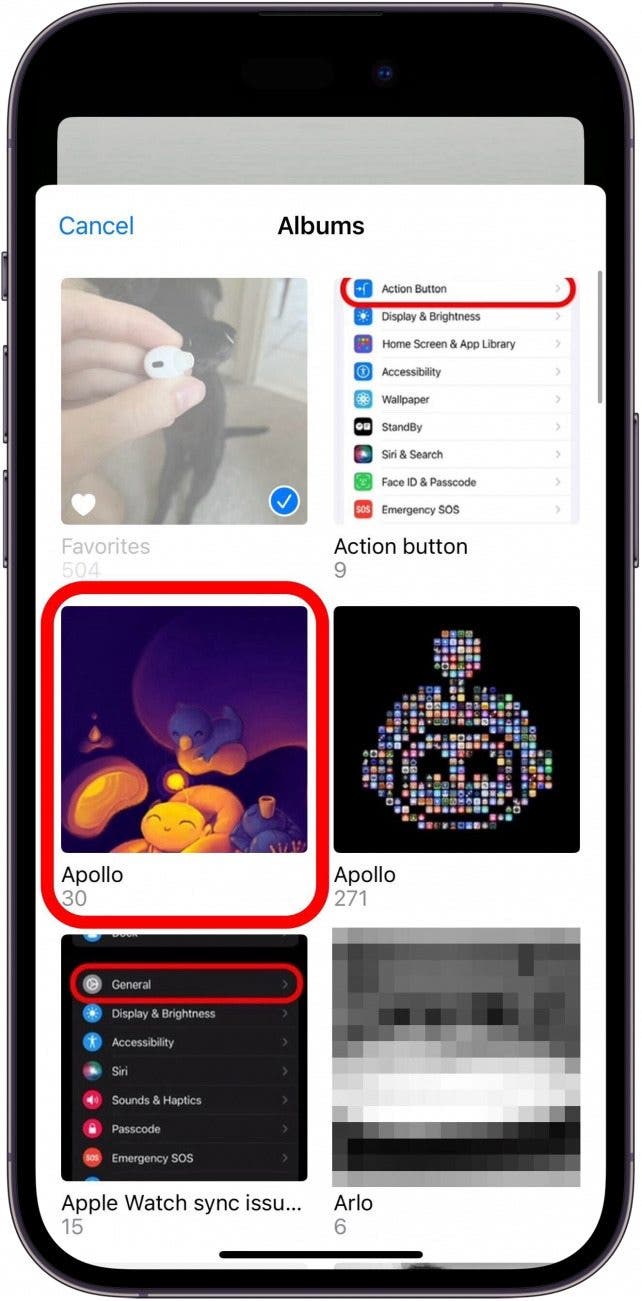 iphone photo shuffle album selection with an album circled in red