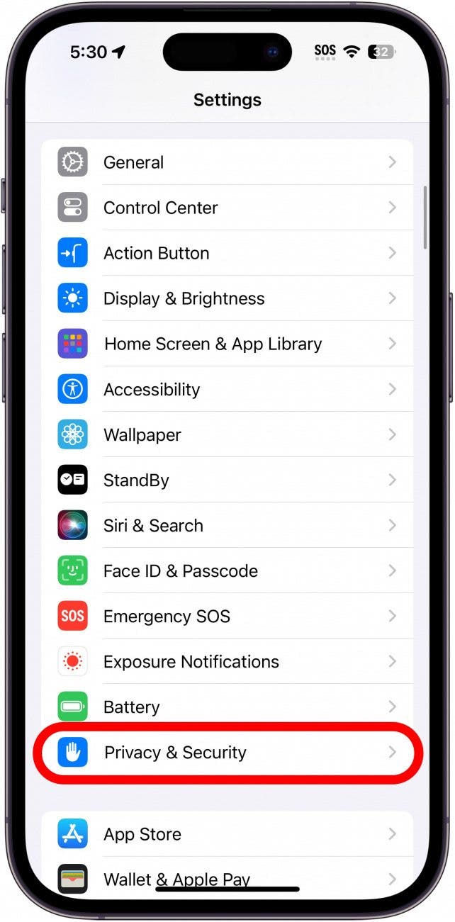 iphone settings with privacy and security circled in red