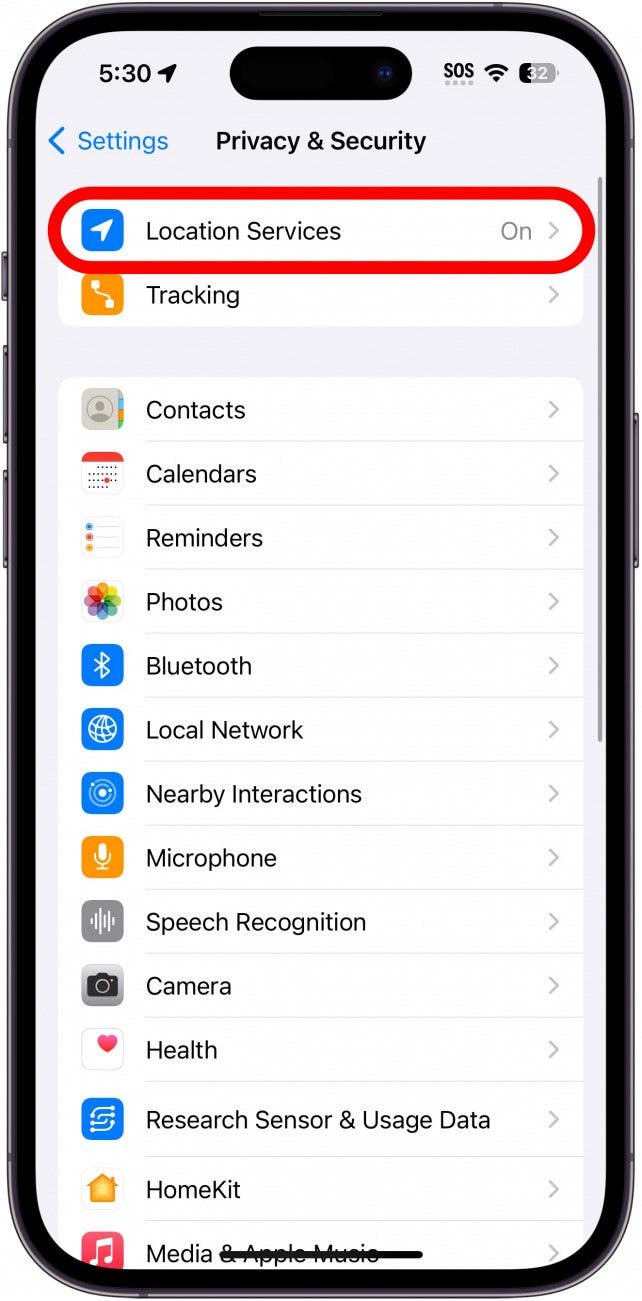 iphone privacy settings with location services circled in red