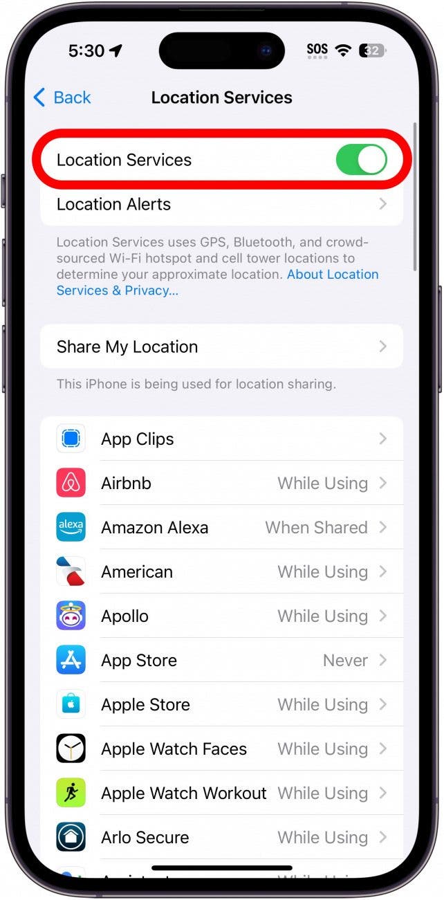 iphone location services settings with location services toggle circled in red