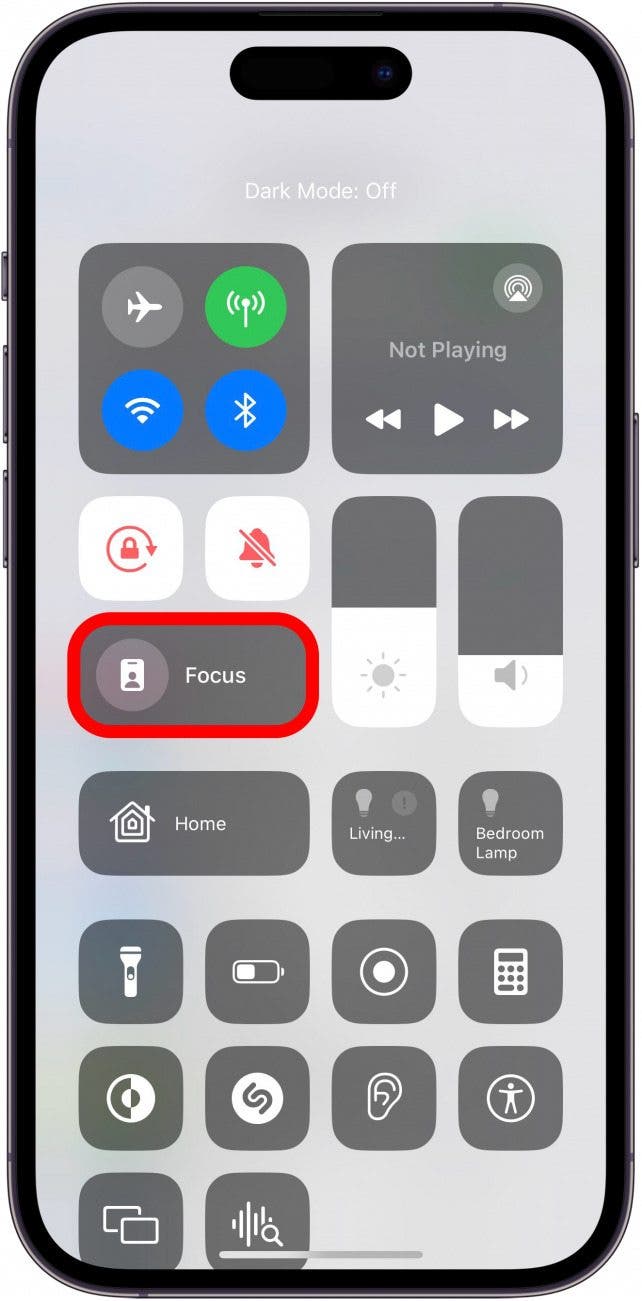 iphone control center with Focus button circled in red