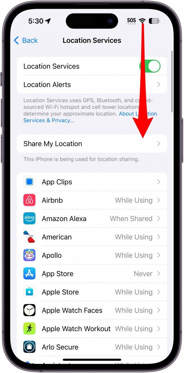 iphone location services settings with a red arrow point downward from the upper right edge of the screen, indicating to swipe down and open the control center