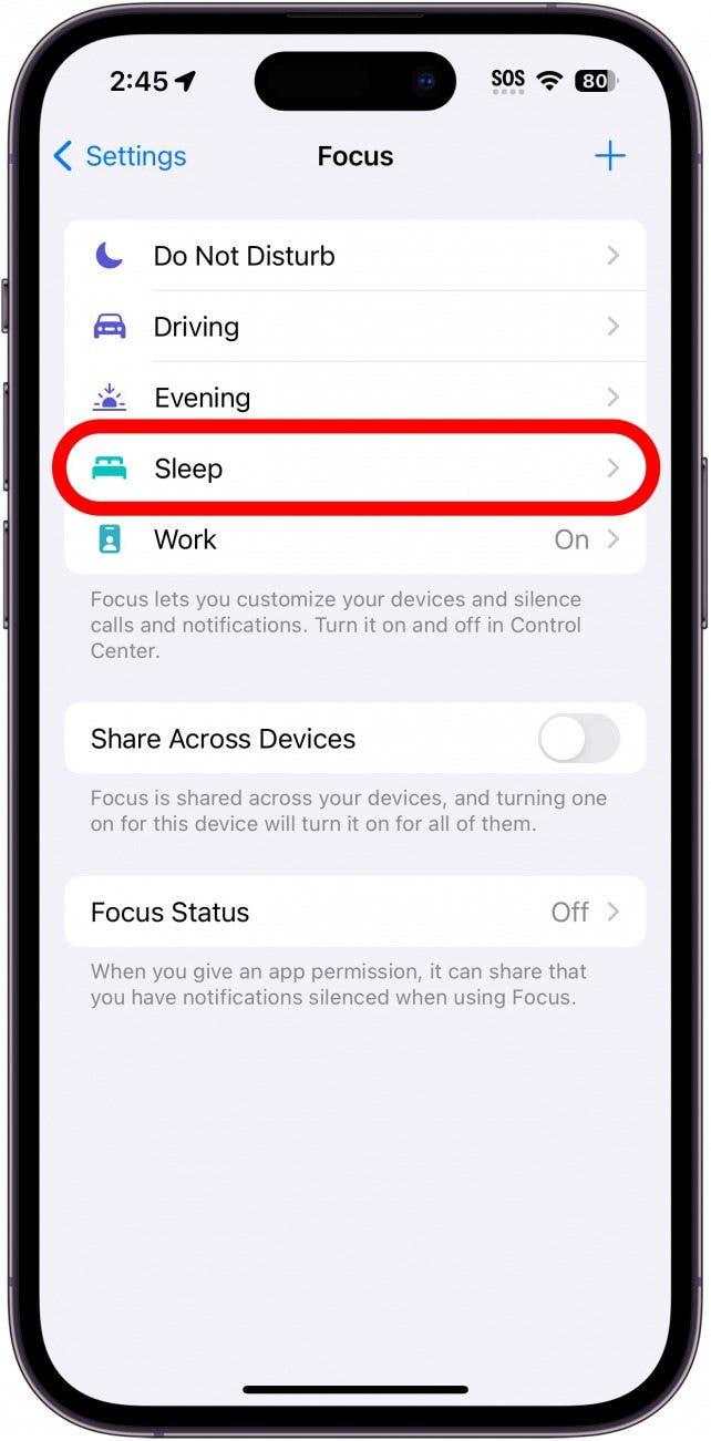 iphone focus settings with sleep focus circled in red