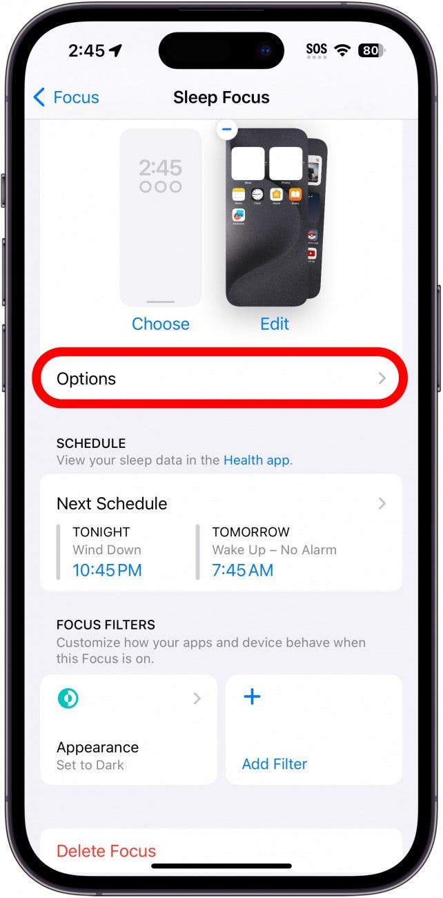 iphone sleep focus settings with options button circled in red