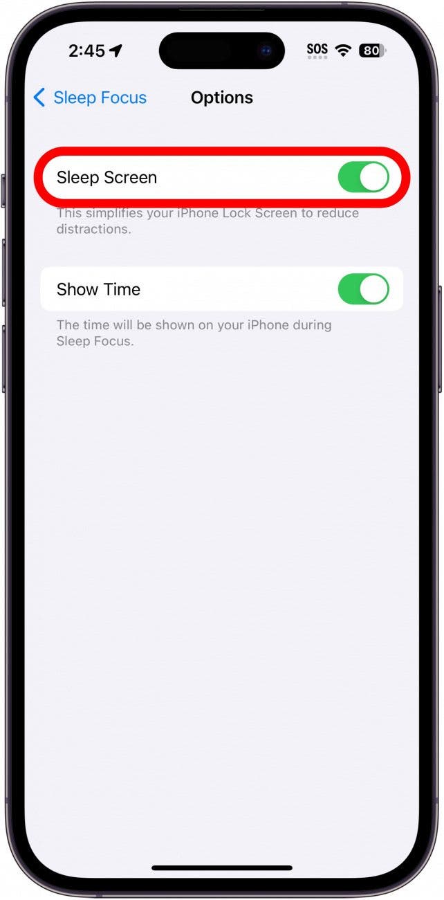 iphone screen options with sleep screen toggle circled in red