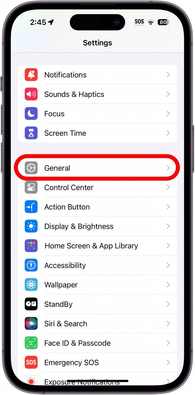 iphone settings with general circled in red